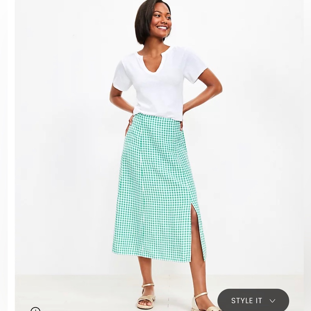 Loft Green Gingham Side Slit Midi Skirt Linen Blend Size 2